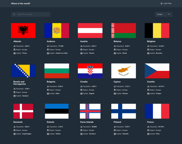 REST Countries page showing European countries