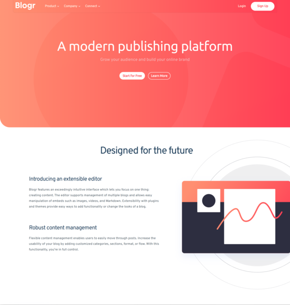 Upper half of Blogr landing page